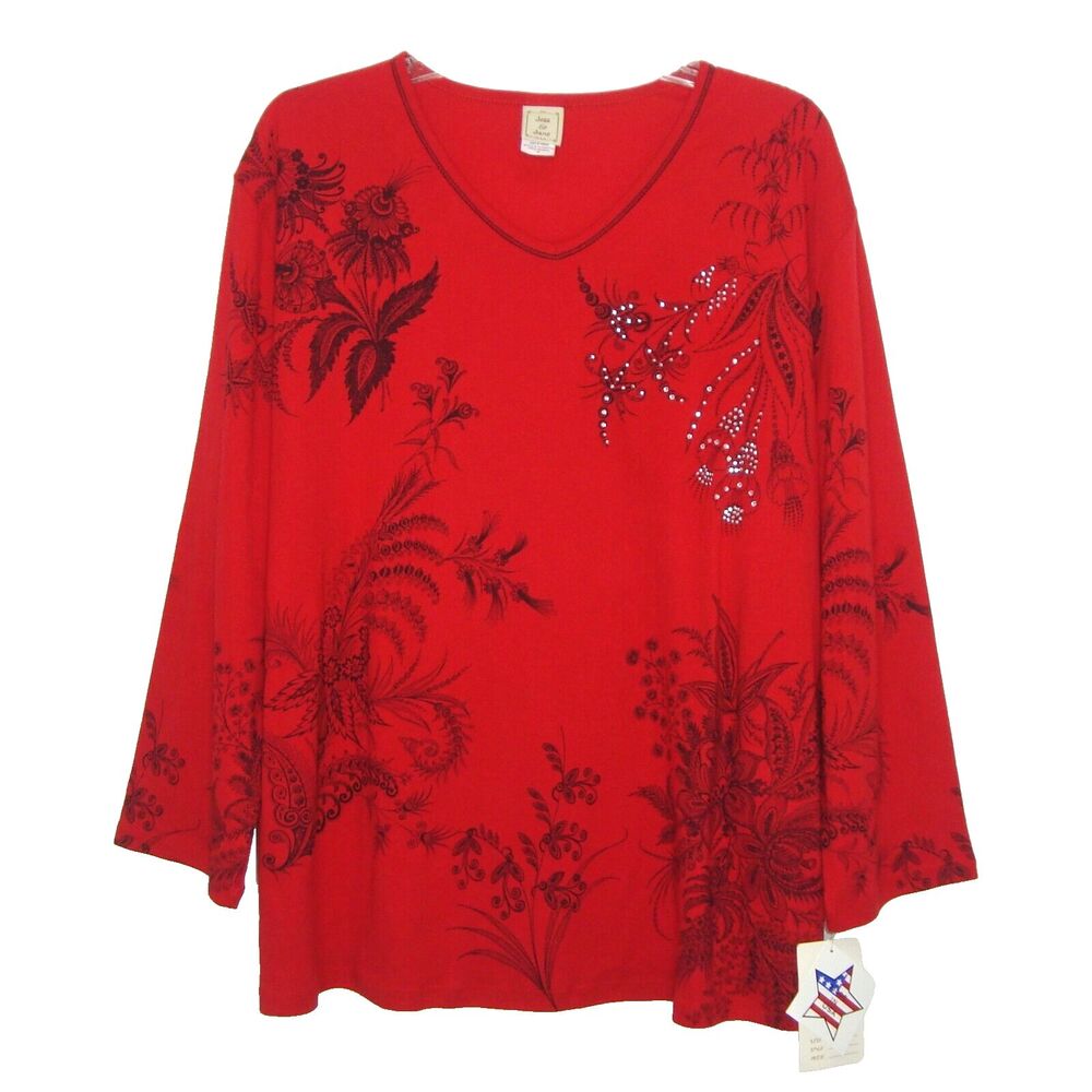 NWT Jess & Jane Womens 'Lace Works' Rhinestone V-Neck Top Size 3X Art-to-Wear